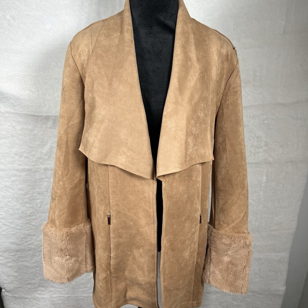 Women's Coat Jacket Faux Suede & Fur Cuffs Brown Large Old Money Event Mobwife